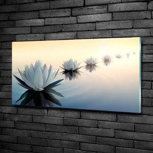 Glass Wall Art, Lotus Flower Glass Wall Art, Yellow Print On Tempered Glass, Blue Printing, Floral Wall Decor, Personalized Glass Print