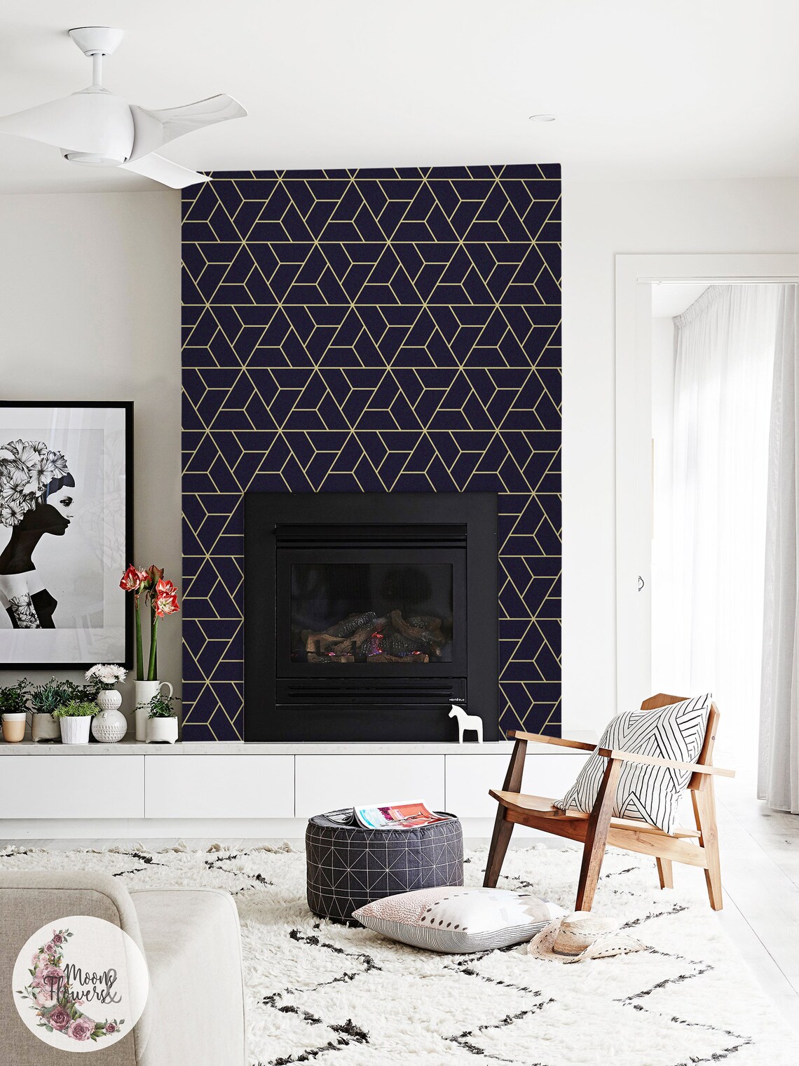 Navy Geometric Removable Wallpaper Scandinavian Wall Mural Etsy