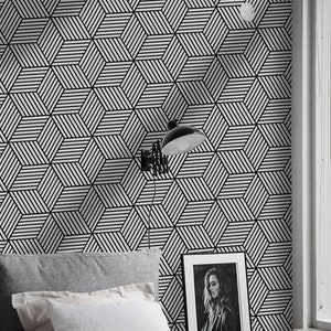 Charming Wallpaper Removable Mural, Geometric cubes removable wallpaper white and black wall mural large #389T