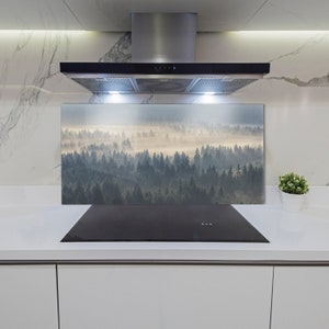 Kitchen Glass Panel, Wall Protector, Forest In The Fog Splashback For Kitchem, Green Kitchen Backsplash, Yellow Wall Protection, Landscape