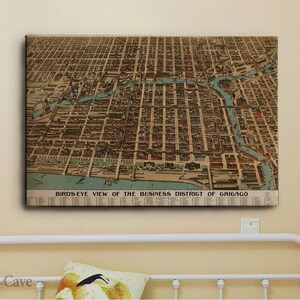 Birdseye of Business District of Chicago kaart katoencanvas, digitale print, kaartposter, kunst aan de muur, moderne print, canvas muurkunst #736