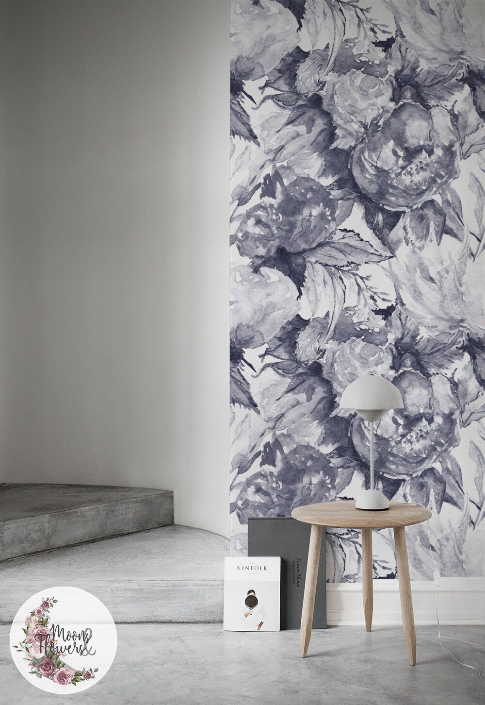 Grey Floral Wall Mural Flowers Wall Decor Watercolor Etsy