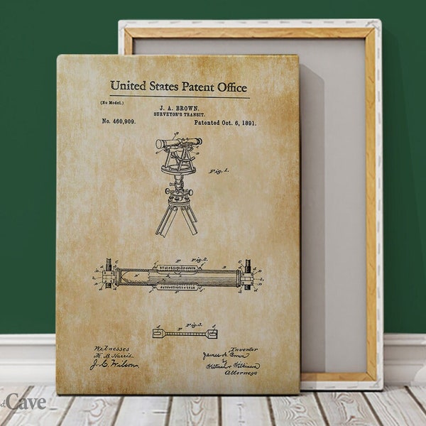 Surveyor Transit Brown United States Patent 1891 Cotton Canvas, Digital Print, Patent Prints, Reproduction, Home Interior #991