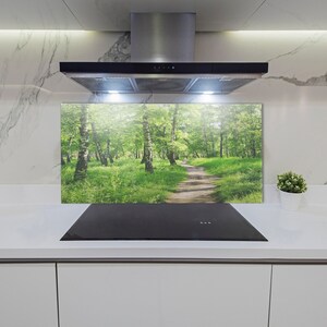 Kitchen Glass Panel, Wall Protector, Birch Forest Backsplash, Green Glass Splashback, Brown Wall, Botanical, Tempered Glass, Made To Measure