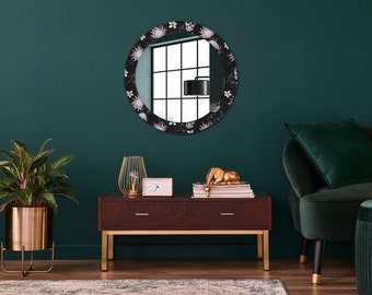 Skulls Flowers, Black, Round Mirror Frame, Decorative Mirror, Mirror Frame Print, Unique Wall Mirror