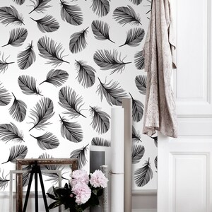 Charming Wallpaper Removable Mural, Hand-drawn feathers removable wallpaper black and white wall mural self adhesive #157T