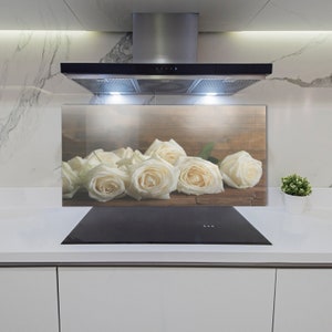 Kitchen Glass Panel, Wall Protector, Roses Of Love Kitchen Backsplash, White Wall, Brown Glass Splashback, Floral Kitchen Wall Protection