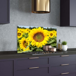 Kitchen Glass Panel, Wall Protector, Sunflowers Splashback For Kitchem, Yellow Kitchen Panel For Wall, Green, Floral, Tempered Glass
