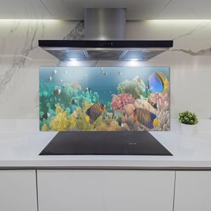 Kitchen Glass Panel, Wall Protector, Coral Reef Splashback, Yellow Kitchen Panel For Wall, Blue, Sea, Tempered Glass, Toughened Glass