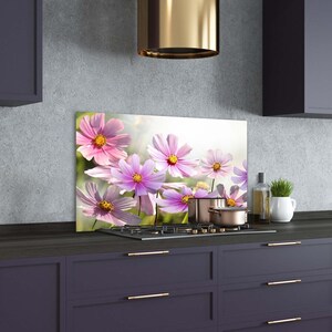 Kitchen Glass Panel, Wall Protector, Flowers In The Meadow Splashback For Kitchem, Pink Backsplash Panel, Green, Floral, Tempered Glass