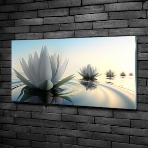 Glass Wall Art, Lotus Flower Glass Print, Blue Glass Picture, White Wall Decor, Floral Wall Art, Modern Home Art, , Real Float Glass