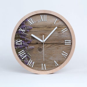 Reloj de pared de madera, reloj de pared con flores de lavanda en madera, morado, diámetro de 20 cm, reloj de habitación minimalista marrón, madera de abedul ecológica natural