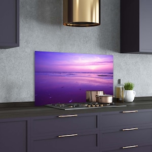 Kitchen Glass Panel, Wall Protector, Sunset By The Sea Backsplash, Purple Splashback For Kitchem, Pink, View, Tempered Glass