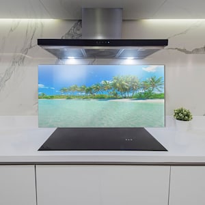 Kitchen Glass Panel, Wall Protector, Tropical Beach Backsplash, Blue Wall, Green Glass Splashback, Egzotic Kitchen Wall Protection