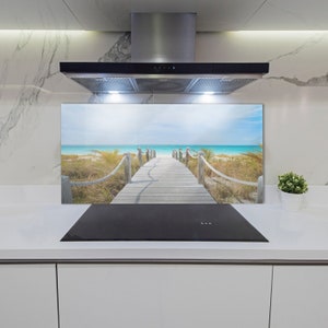 Kitchen Glass Panel, Wall Protector, Caribbean Beach Splashback, Blue Kitchen Backsplash, Green Kitchen Wall Protection, Tropical
