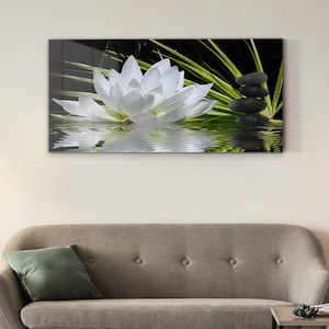 Glass Wall Art, Lotus Flower Glass Wall Art, Black Print On Tempered Glass, Green Printing, Floral Wall Decor, Tempered Glass