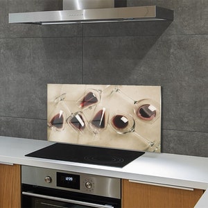 Kitchen Glass Panel, Wall Protector, Wine Glasses Kitchen Backsplash, Red Wall, Beige Glass Splashback, Beverage Kitchen Wall Protection