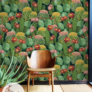 Colorful Cacti removable wallpaper, Watercolor wall mural, Flowers wall decor, Reusable, Peel and stick, Removable, Repositionable MAF085