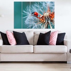 Ladybug On Dandelion Canvas Print, Floral Home Decor, Panels, Room Decor, Dandelion, Flowers, Animal Cool Poster, Beauty of Nature