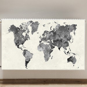 Radiador impreso, mapa de acuarela, cubierta de calefacción, radiador doméstico impreso, alfombrilla magnética gris, cubierta de calefacción beige, mundo impreso, imán de diseño