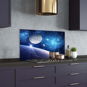 Kitchen Glass Panel, Wall Protector, Space Odyssey Kitchen Backsplash, Blue Glass Splashback, Gray Wall, Univers, Tempered Glass