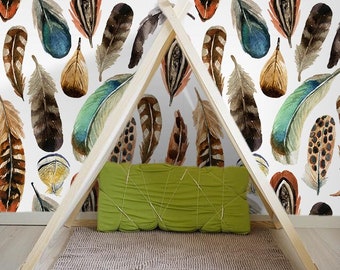 Charming Wallpaper Removable Mural, Watercolor feather removable wallpaper brown and white wall mural nonwoven #160T