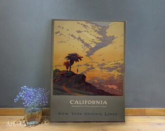 Retro California Poster Travel Poster Cotton Canvas, Digital Print, Classic Travel Poster, Living Room, Old World, Vibrant Colors #804