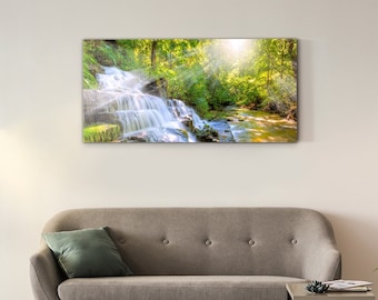 Glass Wall Art, Forest Glass Wall Art, Green Glass Picture, Yellow Printing, Waterfall Glass Print, Glassware, Vivid Colors