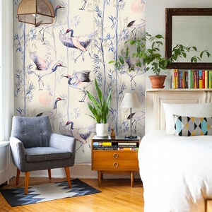Charming Wallpaper Removable Mural, Dancing cranes removable wallpaper white and purple wall mural wall art #166T