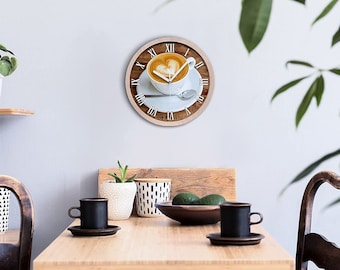 Reloj de pared de madera, reloj de madera Time For Coffe, marrón, diámetro de 20 cm, reloj de habitación minimalista blanco, comida, manecillas de reloj negras o blancas