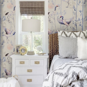 Charming Wallpaper Removable Mural, Dancing cranes removable wallpaper white and blue wall mural wall decor #452T