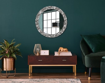 Tropical Leaves, Black, Round Mirror Frame, Decorative Mirror, Mirror Frame Print, Unique Wall Mirror