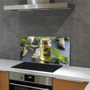 Kitchen Glass Panel, Wall Protector, A Bottle Of Mint Tea Splashback For Kitchem, Green Backsplash Panel, Beige, Beverage, Tempered Glass