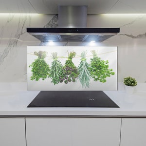 Kitchen Glass Panel, Wall Protector, Herbs On A String Splashback For Kitchem, Green Backsplash Panel, Purple, Botanical, Tempered Glass