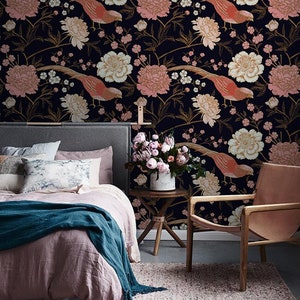 Charming Wallpaper Removable Mural, Peony with exotic bird removable wallpaper pink and brown #45T