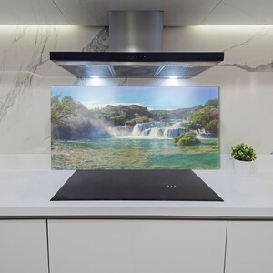 Kitchen Glass Panel, Wall Protector, Krka Waterfall Kitchen Backsplash, Blue Wall, Green Glass Splashback, Nature Kitchen Wall Protection