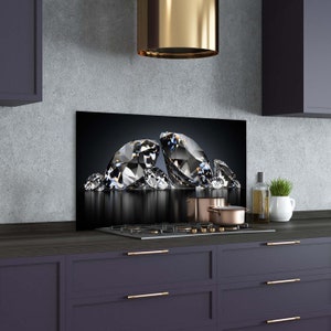 Kitchen Glass Panel, Wall Protector, Diamonds Splashback, Silver Kitchen Panel For Wall, Black, Luxury, Tempered Glass, Toughened Glass
