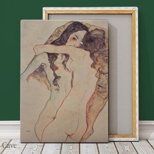 Two Women Embracing Egon Schiele Cotton Canvas, Digital Print, Iconic Art, Art Collection, Aged Print, Retro Wall Decor #724
