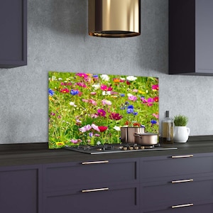 Kitchen Glass Panel, Wall Protector, Field Flowers Backsplash, Purple Glass Splashback, Blue Wall, Botanical, Tempered Glass