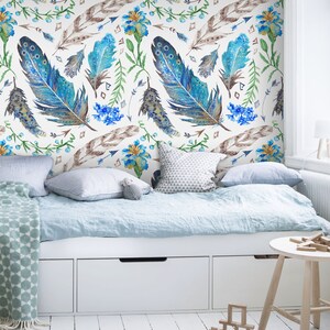 Charming Wallpaper Removable Mural, Boho Watercolor removable wallpaper blue and green wall mural temporary #153T