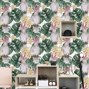 Charming Wallpaper Removable Mural, Tropical parrots removable wallpaper pink and green #74T
