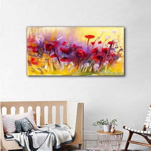 Canvas Pictures, Abstract Poppy Canvas, Red Old Painting, Yellow Wall Hanging, Flowers Housewarming Gift, Large Wall Art, Frame Painting
