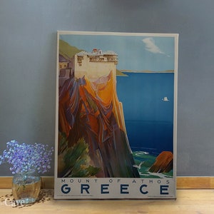 Mount of Athos Greece Travel Poster Cotton Canvas, Digital Print, Retro Travel Poster, Antique Decor, Modern Print, Office Decor #463