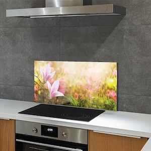 Kitchen Glass Panel, Wall Protector, Magnolias Kitchen Backsplash, Pink Wall, Yellow Glass Splashback, Floral Kitchen Wall Protection