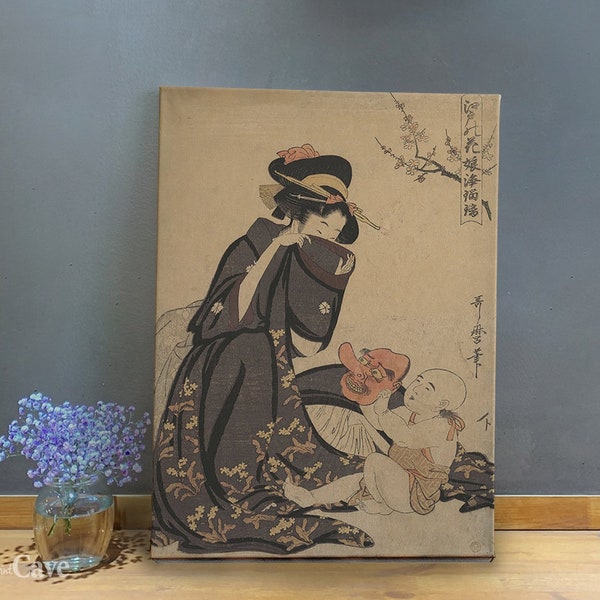 Toile de coton Kitagawa Utamaro Ukiyoe Une femme jouant avec un jeune garçon, impression numérique, art emblématique, décoration de chambre, décoration de bureau #498