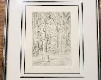 Vintage 1980s signed original forest sketch