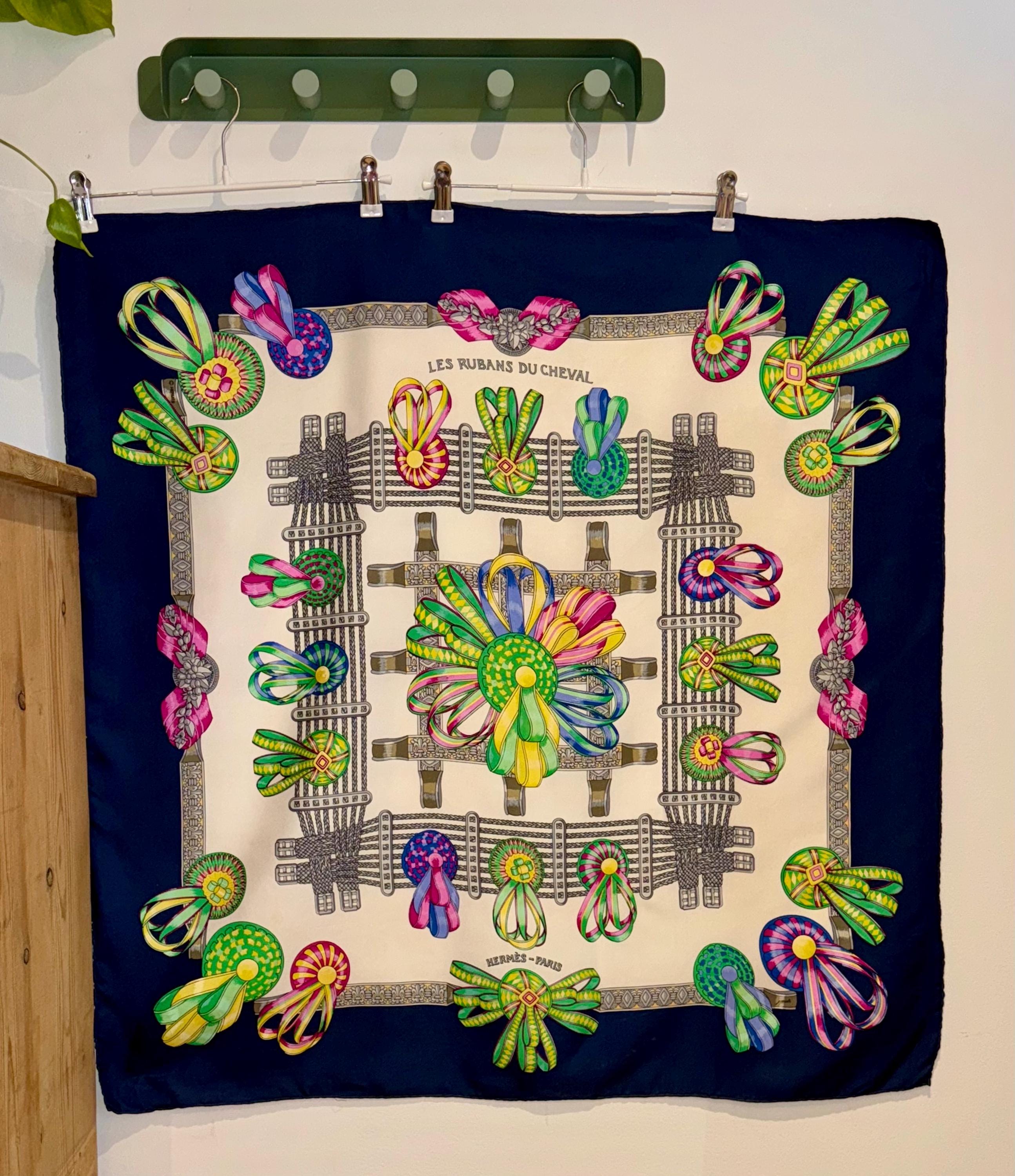 Vintage Hermès Silk Scarf - “Les Rubans du Cheval” - Equestrian Design - Navy & Multicolor - Made in France
