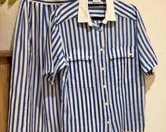 True Vintage Viyella Blue and white striped skirt and blouse Size XS/S Co-ord matching outfit. Fully lined skirt.