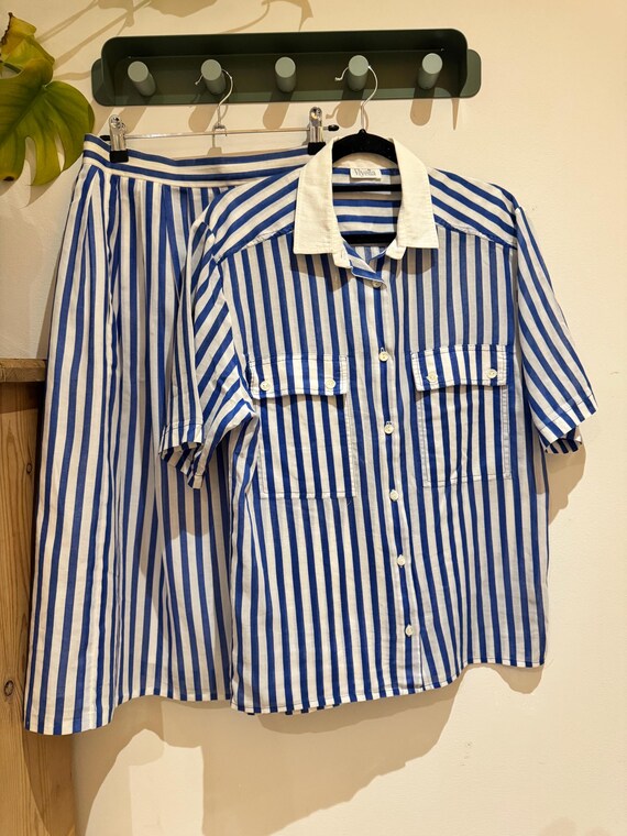 True Vintage Viyella Blue and White Striped Skirt and Blouse Size
