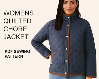 Women’s Quilted Chore Jacket PDF Sewing Pattern – Lined Barn Coat Workwear – Digital Download – Print & Projector Files